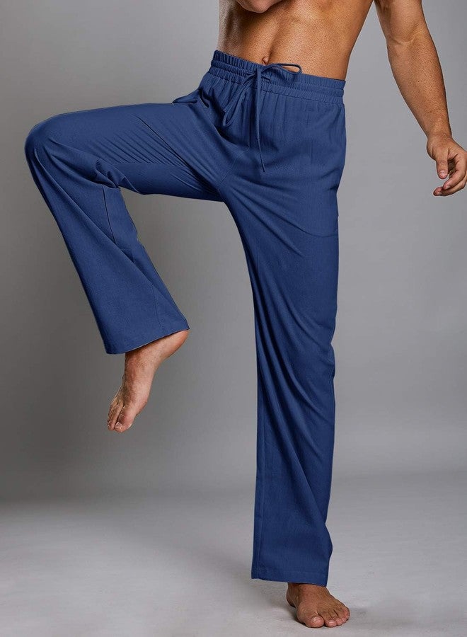 PASLTER Mens Casual Linen Pants Loose Fit Elastic Drawstring Waist Straight-Legs Summer Yoga Beach Long Pants B-Blue - Image 4